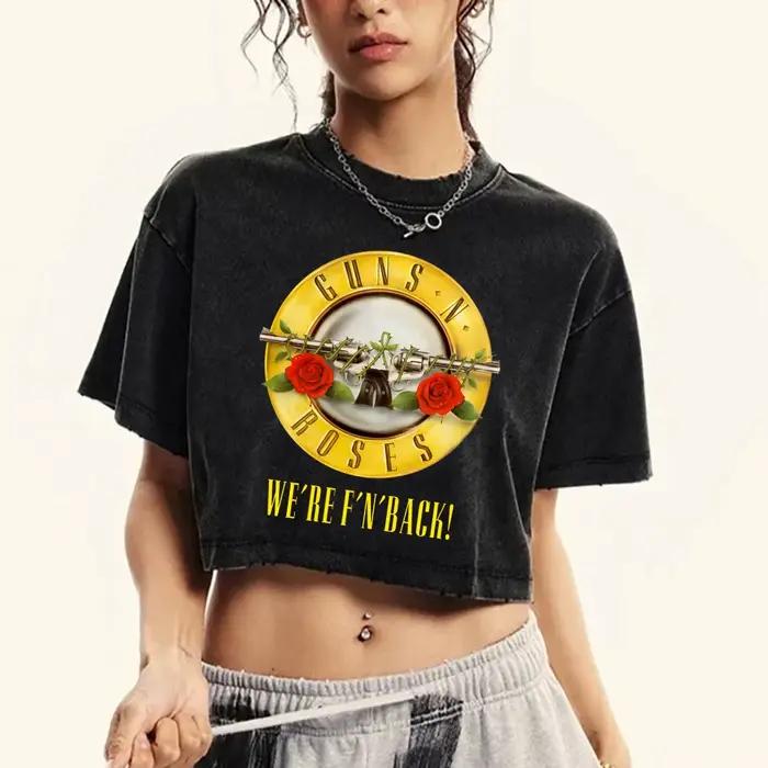 T-shirt Rose et Pistoles en coton pur pour femmes, style streetwear, courte longueur, imprimé délavé, coupe ample, pour occasions spéciales