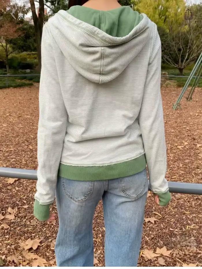 Sweatshirt rayé vert pour femmes, coton polyester à capuche, style vintage décontracté pour automne sorties nocturnes