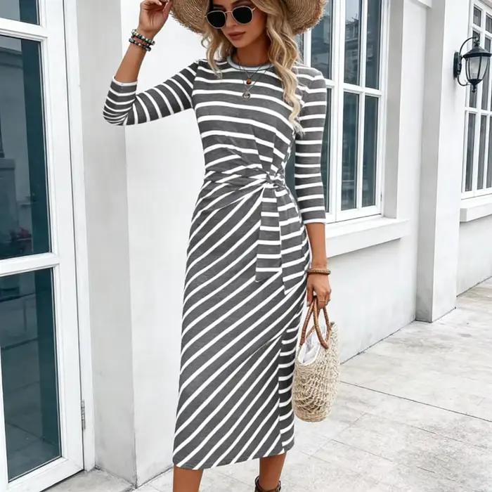Nouvelle Robe Tunique Femme Américaine et Européenne 2026 - Imprimé Rayé Col Rond à Lacets Coupe Ample Flatteuse