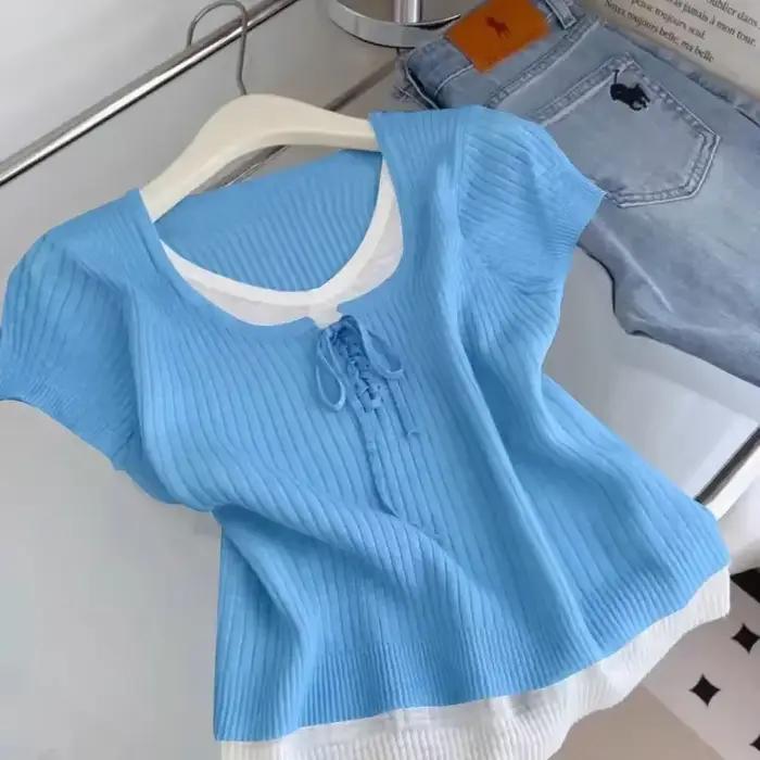 T-shirt en tricot violet avec détail lacé, style doux pour femme, haut décontracté printemps-été