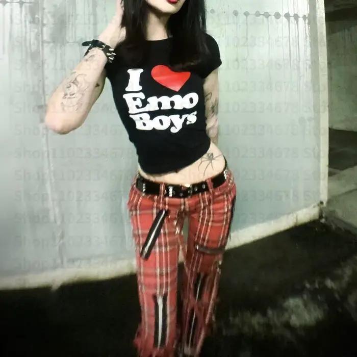 T-shirt graphique à manches courtes I Love Emo Boys, Harajuku Slim Grunge, chemise Streetwear, vêtem