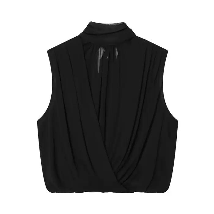 Haut plissé noir sans manches pour femme, nouvelle collection Printemps-Été 2026, style décontracté