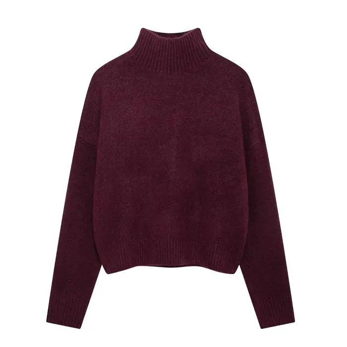 HH femmes Vintage bordeaux pull à col roulé décontracté à manches longues tricoté pull automne hiver