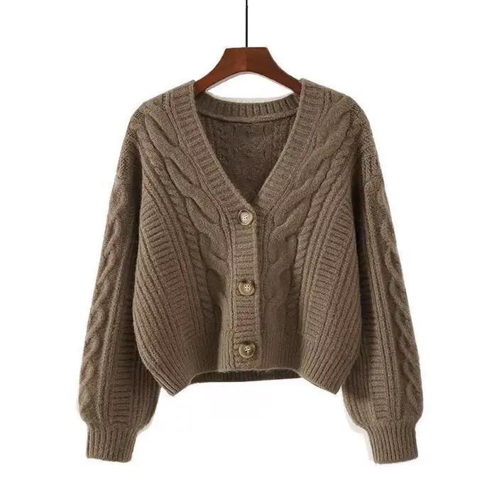 Cardigan court à manches longues et col en v pour femme, couleur unie, Vintage, torsadé, tricoté, av