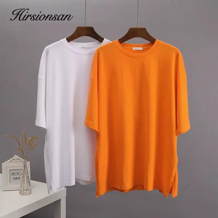 Hirsionsan été surdimensionné coton t-shirt femmes 2023 nouveau ample solide fendu t-shirts décontra