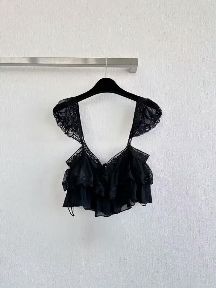 Blouse élégante pour femme, style chic français, avec dentelle, en soie de mûrier, coupe courte, col