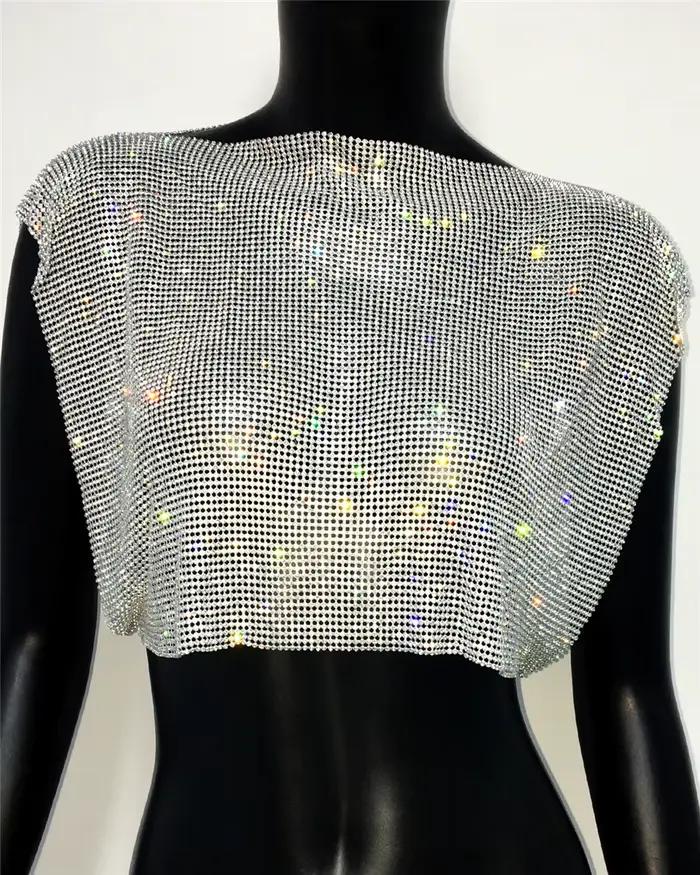 Camisole à paillettes en métal biscuits brillant pour femmes, col rond, fait à la main, court, préci