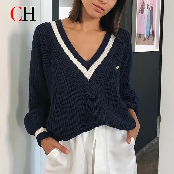Pull-over en tricot de luxe pour femme, col en V, coupe ample, élégant, manches longues, pour le quo
