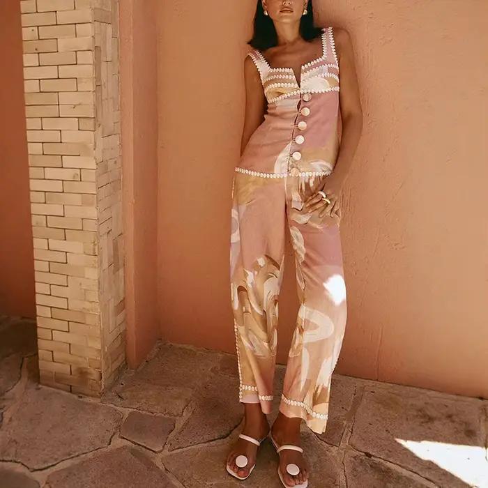 Femmes haut sans manches deux pièces ensembles assortis 2025 été imprimé Patchwork Chic tenue col en