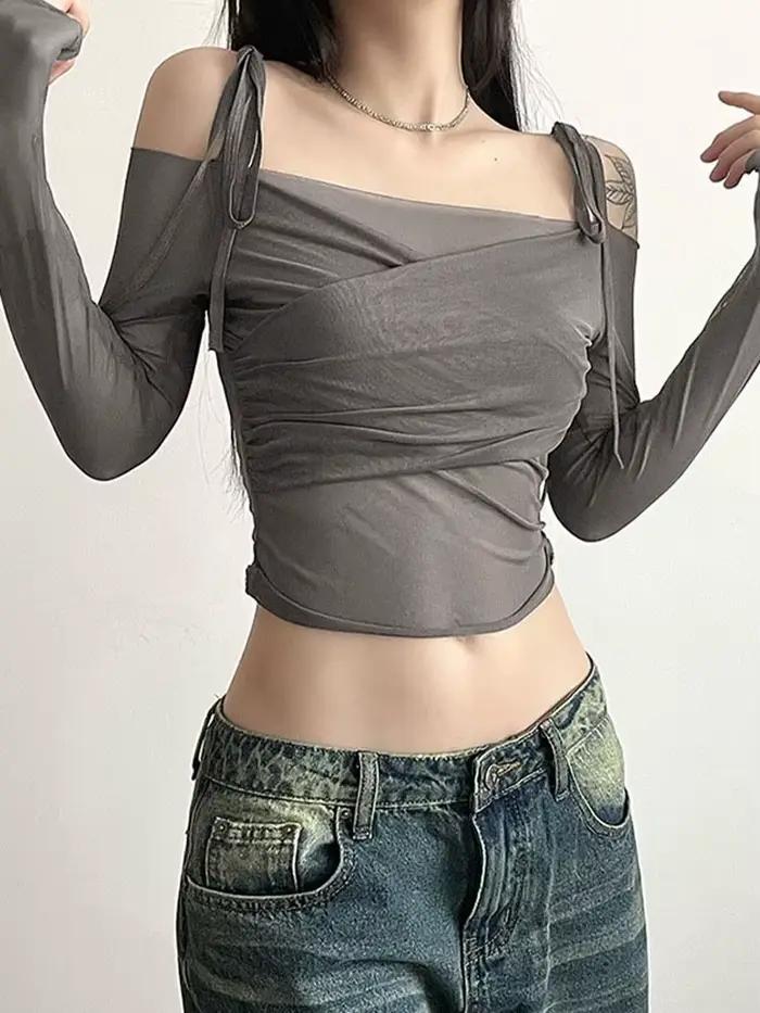 Haut court à col incliné pour femmes, couleur unie, sexy, épaules dénudées, à lacets, manches longue