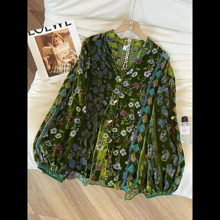 Chemise en velours à imprimé floral pour femmes, manches lanternes amples, col en V, décoration de p