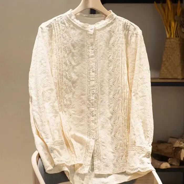 Blouses fines et élégantes pour femmes, style boho, manches longues, dentelle brodée, ajouré, chemis