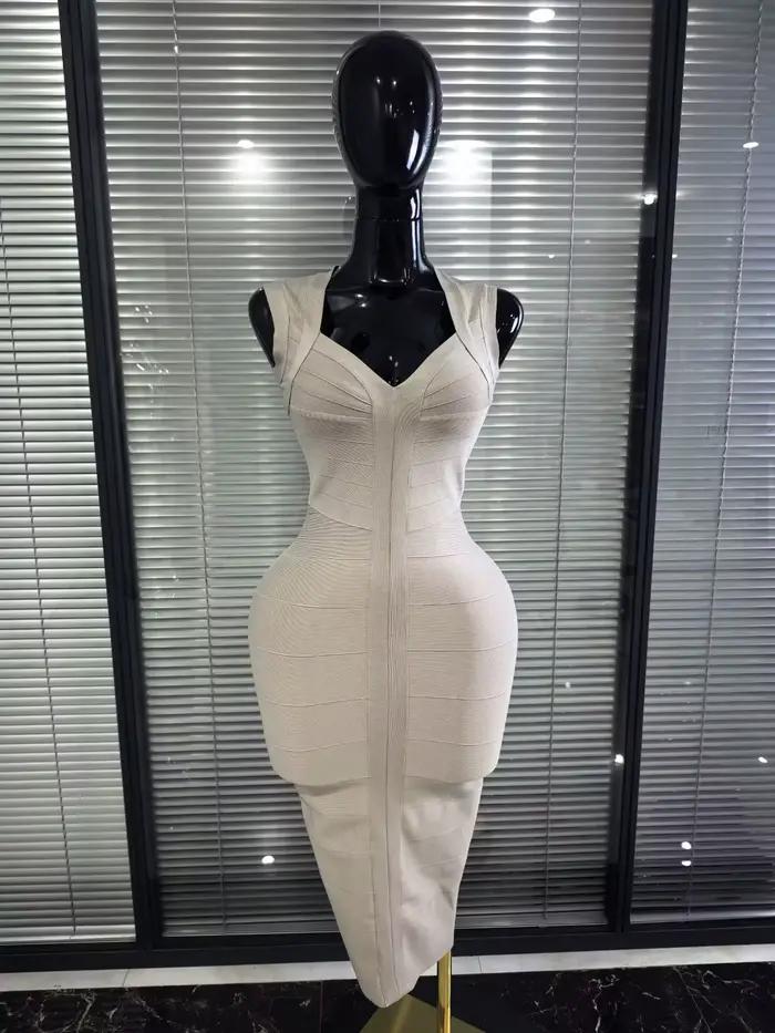 Robe moulante mi-longue sexy sans manches à col en V couleur kaki pour femme, idéale pour les soirée