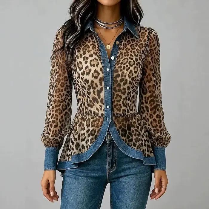 Chemisier Peplum en Chiffon Transparent Imprimé Léopard pour Femme, Chemise à Manches Longues Bouton