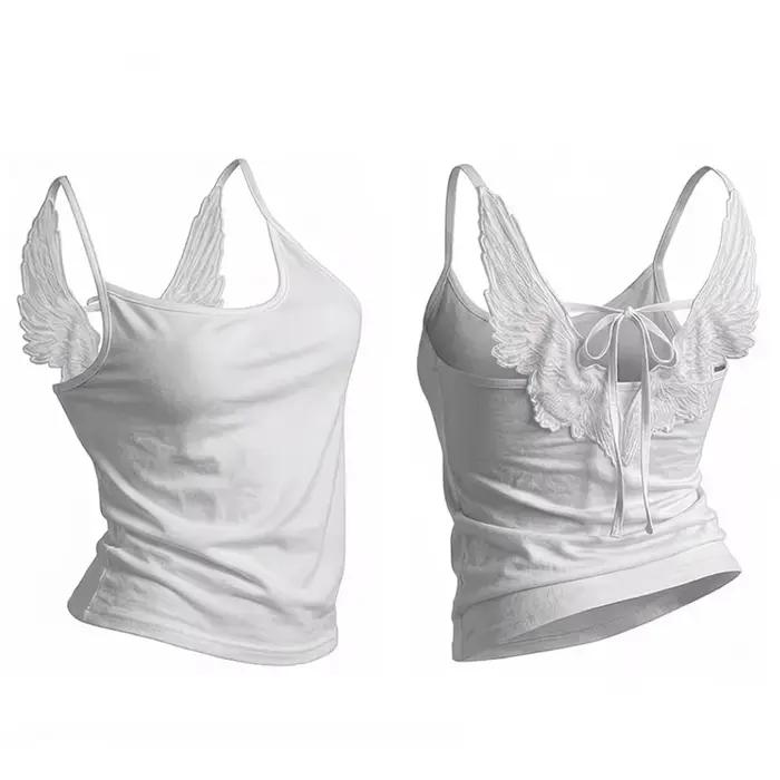 Débardeur Ailes d'Ange 3D Brodé, Bretelles Fines, Style Y2K Gothique pour Femme, Haut Court Sexy et