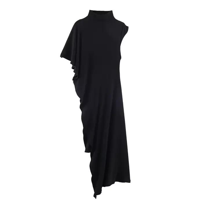 Haut asymétrique plissé décoratif à col montant et manches courtes noir, élégant et tendance, nouvea