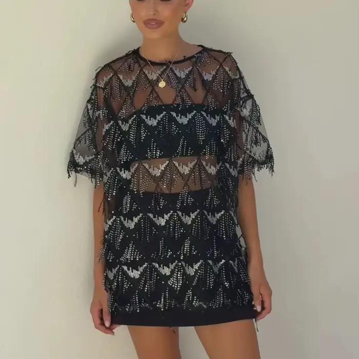 Hirigin – tunique en maille transparente à paillettes et franges pour femmes, style Y2K, broderie à