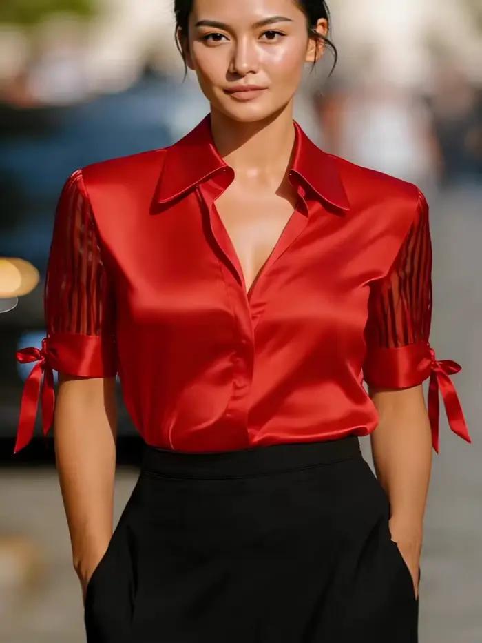 Chemisier en satin pour femme avec panneau transparent rayé et poignets à nœud papillon, élégant, à