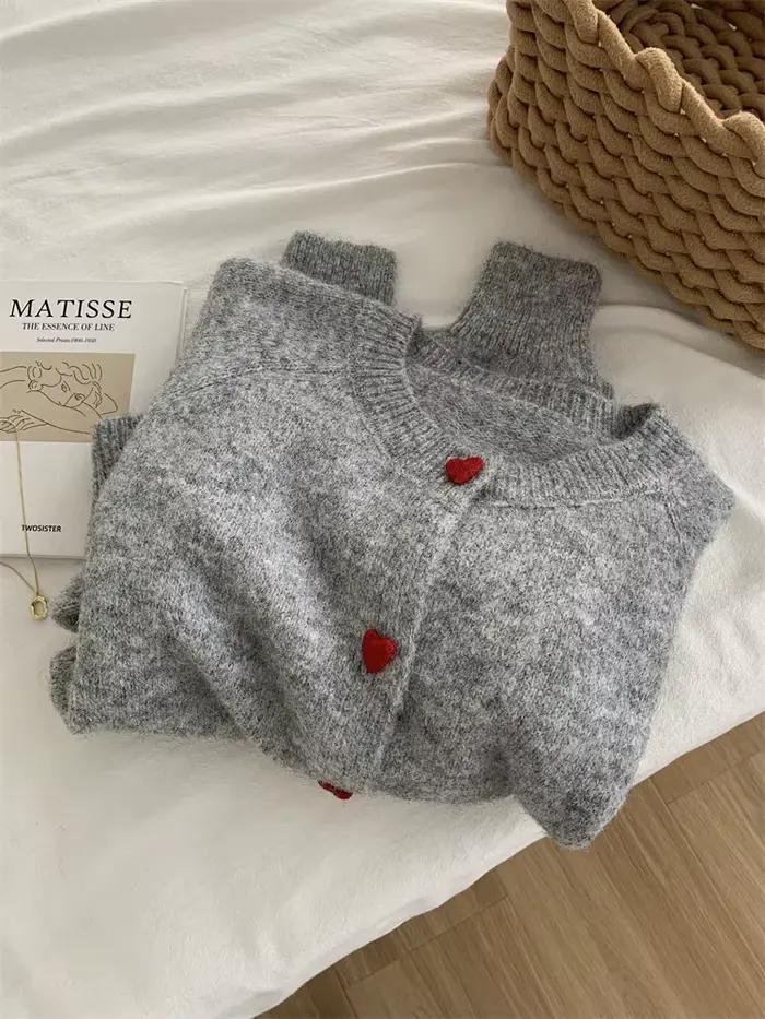 Cardigan tricoté en laine gris foncé pour femmes, automne-hiver, doux et collant, chaud, manches d'é