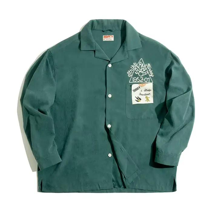 Maden-Chemise de bowling vert foncé vintage pour femme, peau de pêche, broderie en velours, chemisie