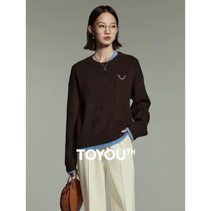 Toyouth-Pull Pashmina à Manches sulfet Col Rond pour Femme, Faux Deux Pièces, Tricot Aadt, Coutures,