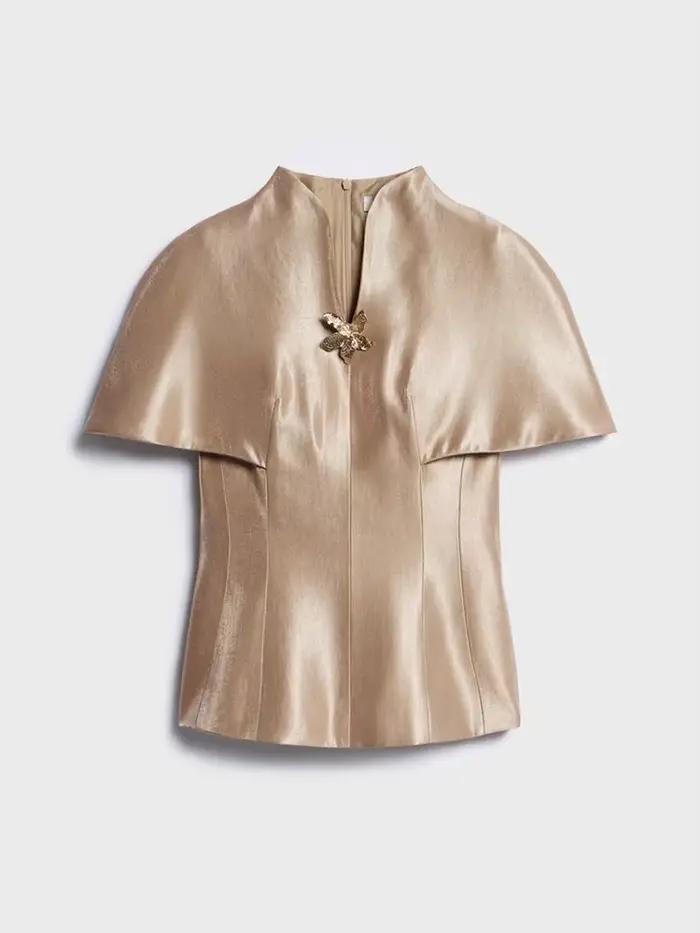 Élégant haut femme coupe cape couleur champagne, col en V, manches courtes, taille cintrée, coupe aj