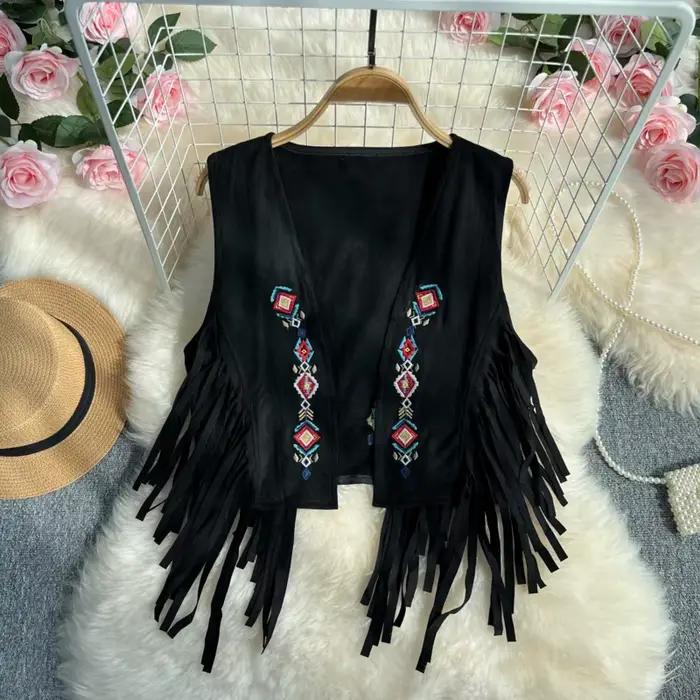 Gilets bohème pour femmes, haut avec broderie géométrique, pompon, col en v, manteaux sans manches,