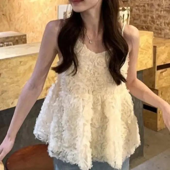 Camisole à fleurs tridimensionnelles lourdes au Design français, haut pastoral d'été pour femmes, 20