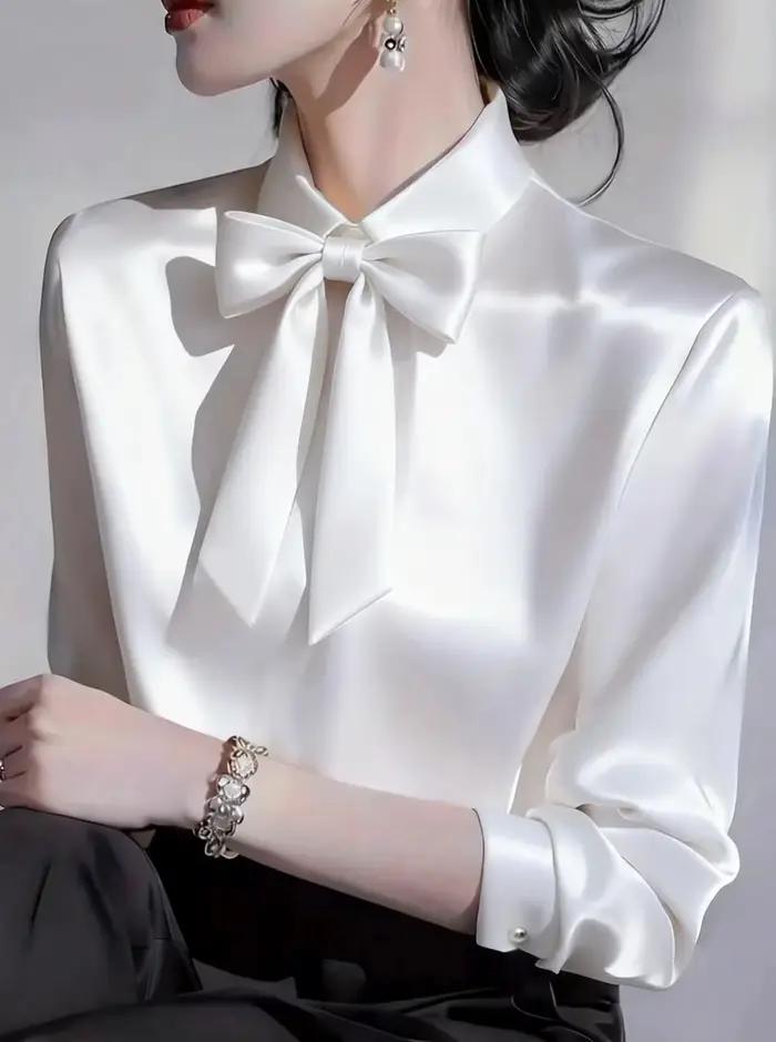 Chemise en satin à manches longues pour femme avec col à nœud papillon, élégante pour le bureau