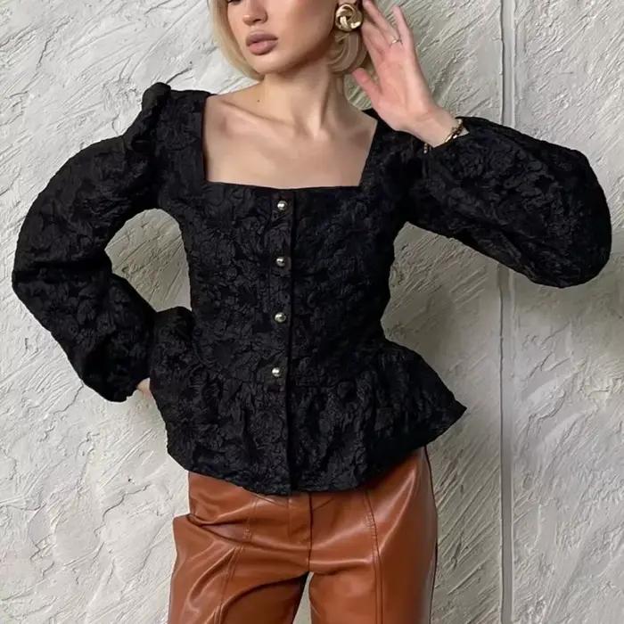 Blouse élégante de style français à col carré en tissu jacquard, tenue de style français avec manche