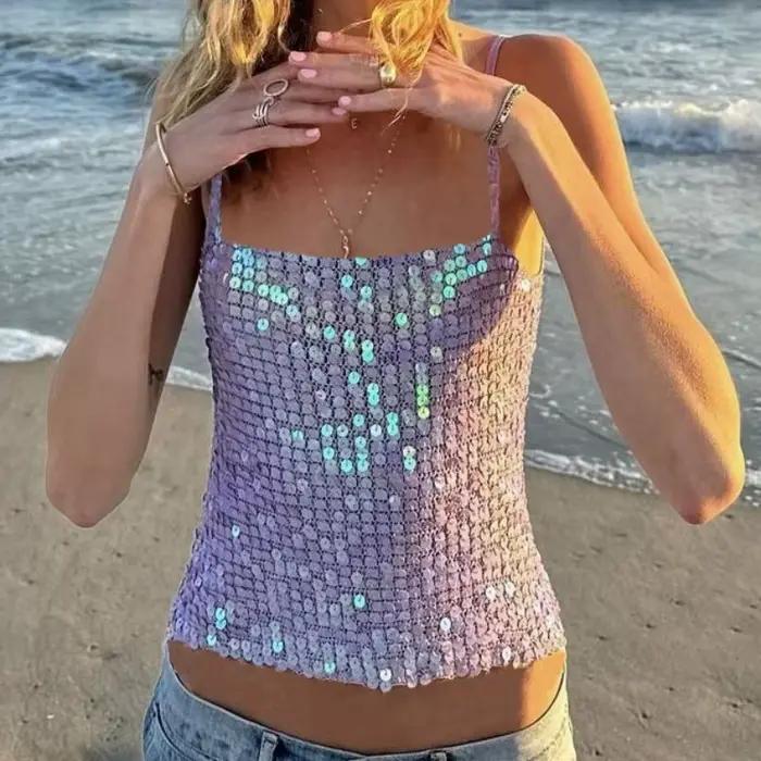 Y2k – haut court en Crochet à paillettes pour femmes, camisole smockée tricotée de plage, scintillan