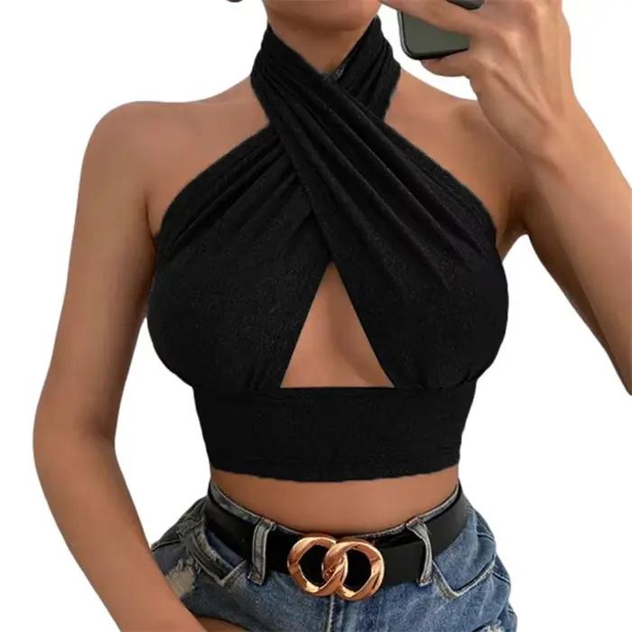 Y2k – haut à col licou pour femmes, vêtements d'été, couleur unie, sans manches, dos nu, t-shirt, vê