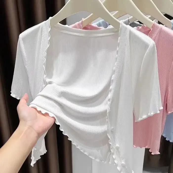 Cardigan ouvert à manches courtes pour femmes, garniture en dentelle rose, tricoté léger, Protection