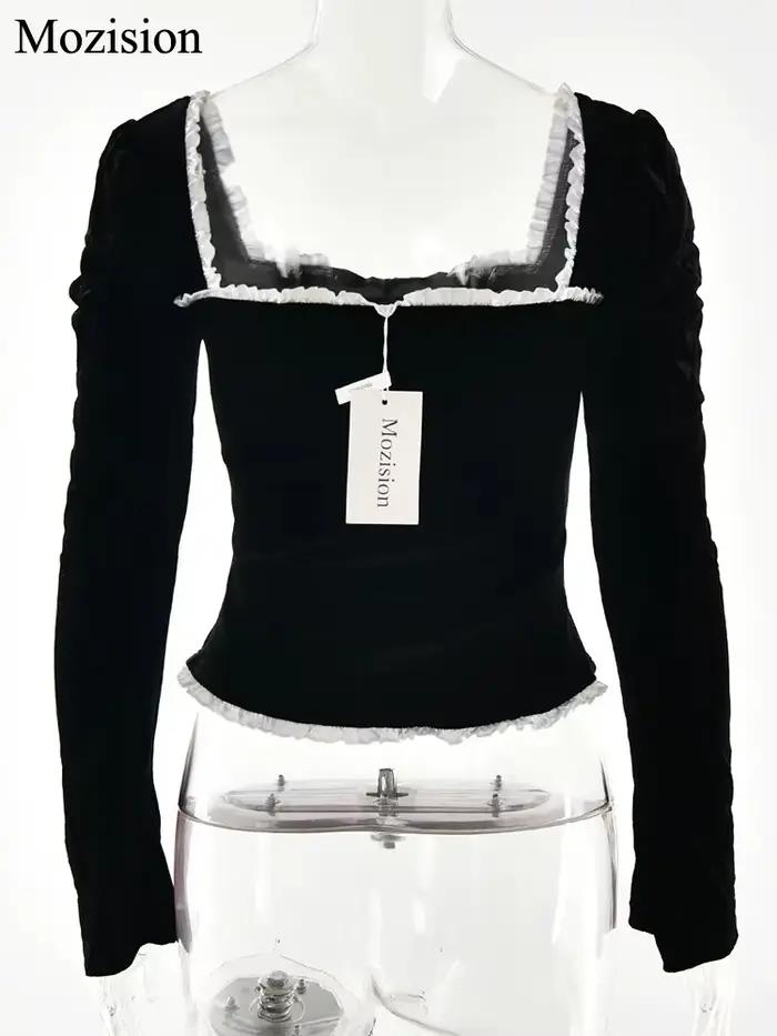 Mozision col carré dos nu pansement Sexy T-shirt femmes automne hiver nouveau noir épaulette manches