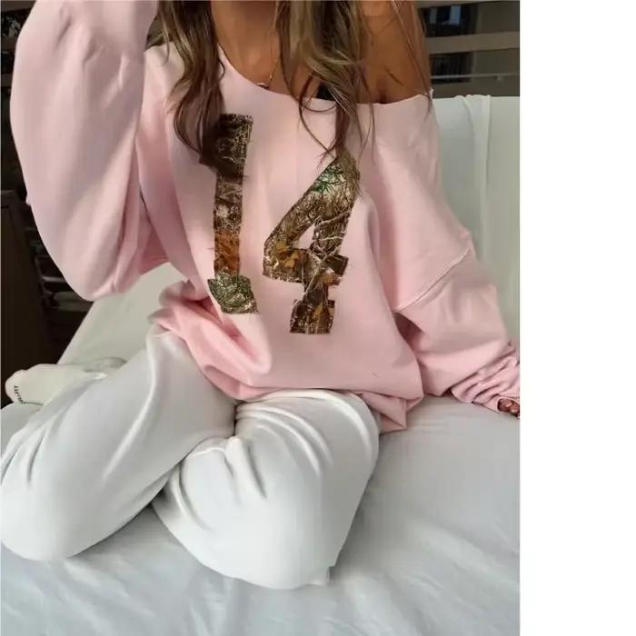 Nouveau printemps rose sweat imprimé numérique coupe ample haut décontracté paresseux Chic rose épau
