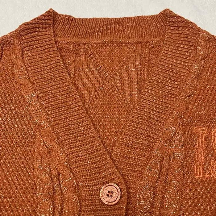 Cardigan TS scintillant pour femmes, pull en tricot épais Orange avec broderie d'étoiles, fil doré,
