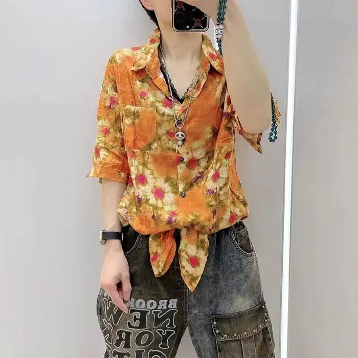 Chemisier à col polo à bandes pour femmes, chemise à manches mi-longues, vêtements décontractés, poc