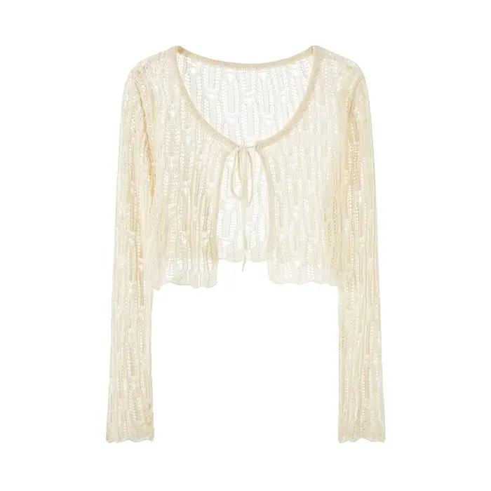 Cardigan en crochet à nouer, manches longues, tricot ajouré, crop top, boléro, cache-maillot de plag