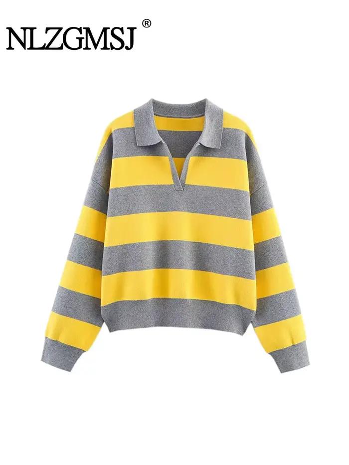 Nlzgmsj 2025 automne haute rue Chic femmes rayé tricoté chandails femmes à manches longues Style Vin
