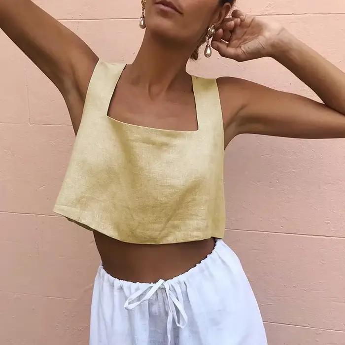 Haut court 100 % lin blanc, col carré vintage, sans manches, style streetwear, vert, collection été