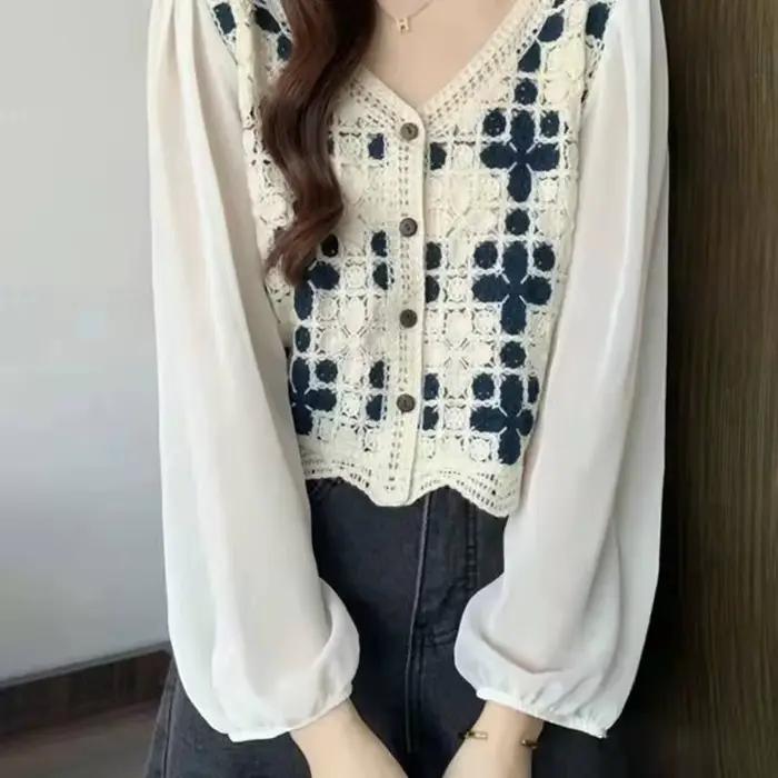 Chemisier au Crochet pour femmes, avec manches en mousseline de soie, boutons sur le devant, haut co