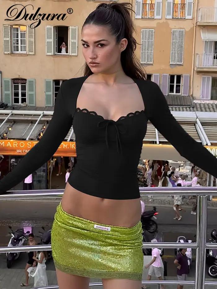 Dulzura 2025 automne dernière mode Sexy col carré à manches longues mince à lacets dentelle volants