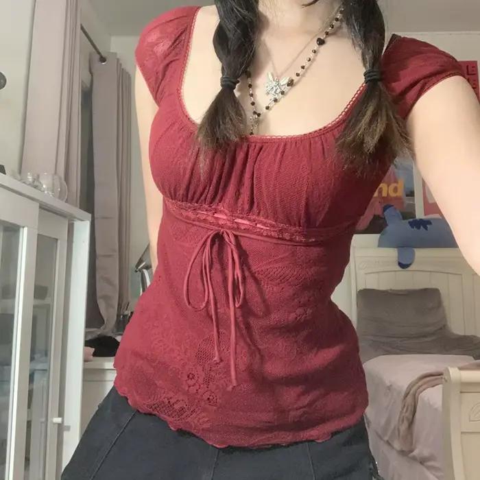 Femmes les plus mignonnes nuisette culture hauts adolescente col carré à manches courtes milkmaid t-
