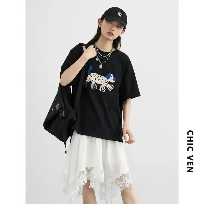 CHIC VEN femmes T-Shirts ample Streetwear unisexe amusant chien brodé à manches courtes coton fille