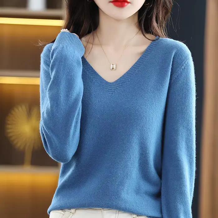 Femmes pull 2025 printemps automne chaud hiver coupe ajustée chemise à bascule col en v coréen trico