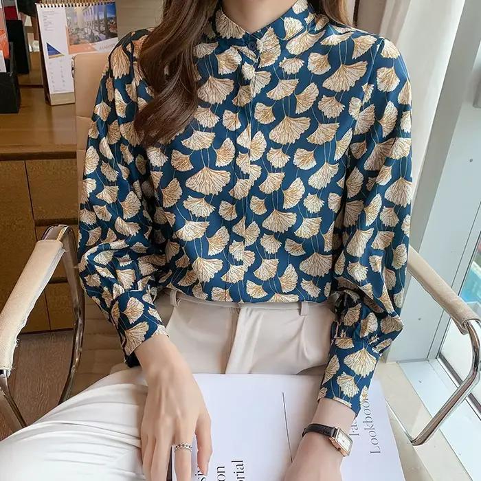 Style français femmes Blouses ginkgo imprimé dames chemises printemps automne à manches longues dess