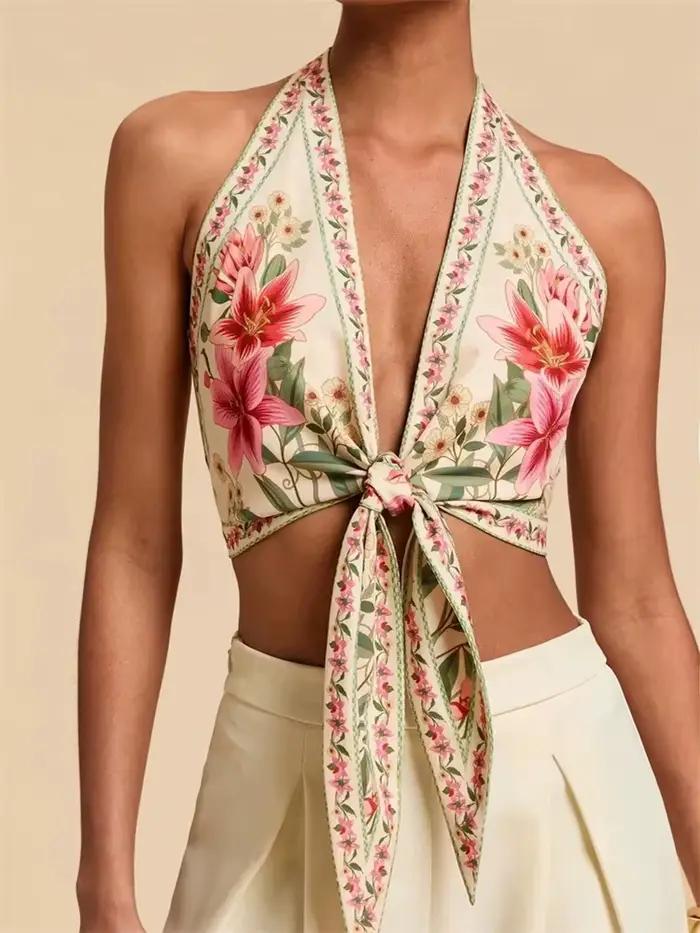 Haut court col licou pour femmes, Sexy, nœud sur le devant, sans manches, imprimé graphique Floral,