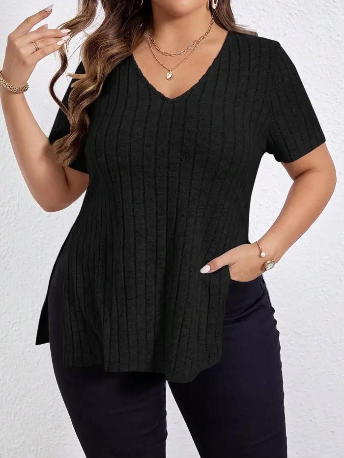 GIBSIE grande taille été col en V à manches courtes t-shirt femmes mode 2025 nouveau solide côtelé d