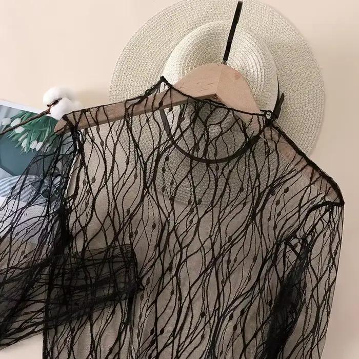 T-shirt en dentelle élégant pour femmes, hauts à manches longues en maille, Sexy, Transparent, col h