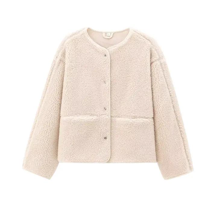 Veste courte en polaire pour femmes, couleur unie, col rond, Cardigan boutonné, manteau chaud d'auto